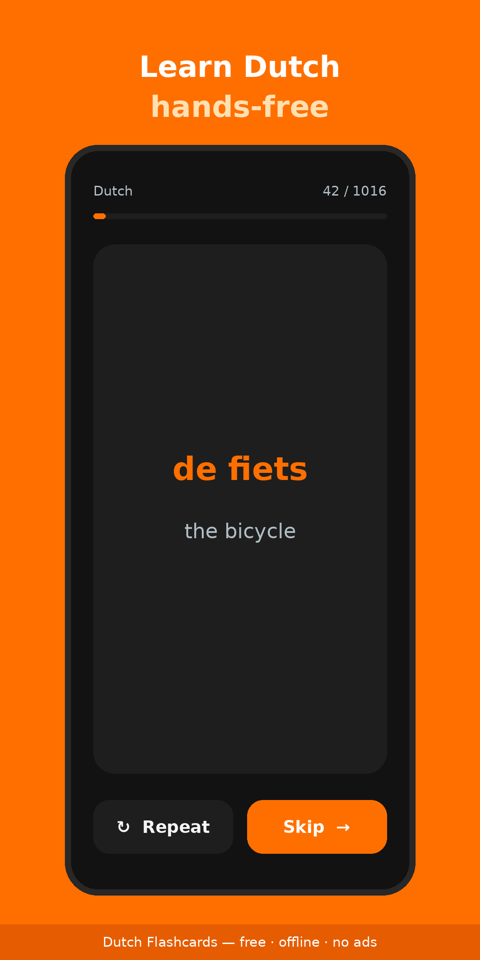 Flashcard screen showing de fiets / the bicycle
